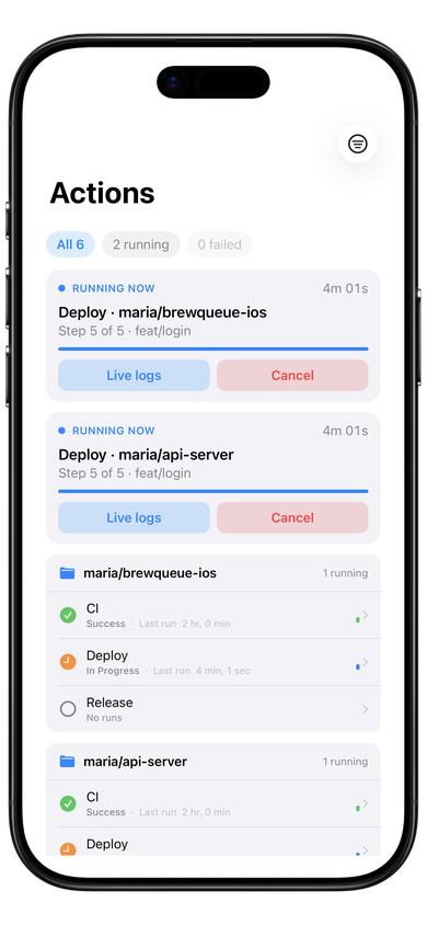 GitBoba Forgejo and Gitea iOS app — Actions workflow run logs