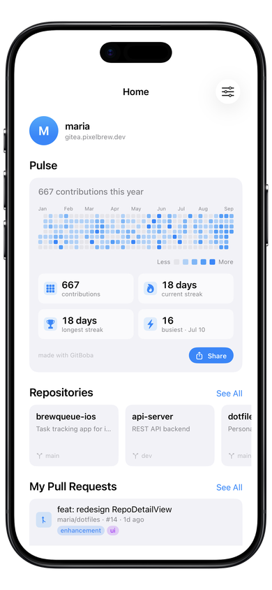 GitBoba home screen — repos, pull requests, and issues on iPhone