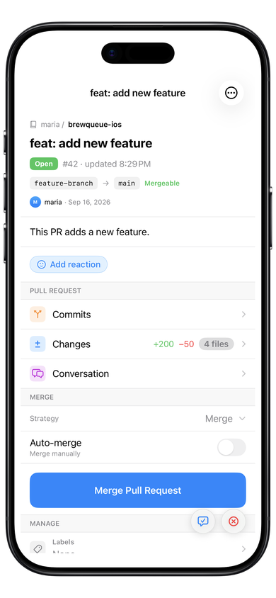 GitBoba Gitea and Forgejo iOS app — pull request diff on iPhone